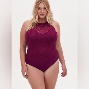 Lace Halter Bodysuit Top in Burgundy